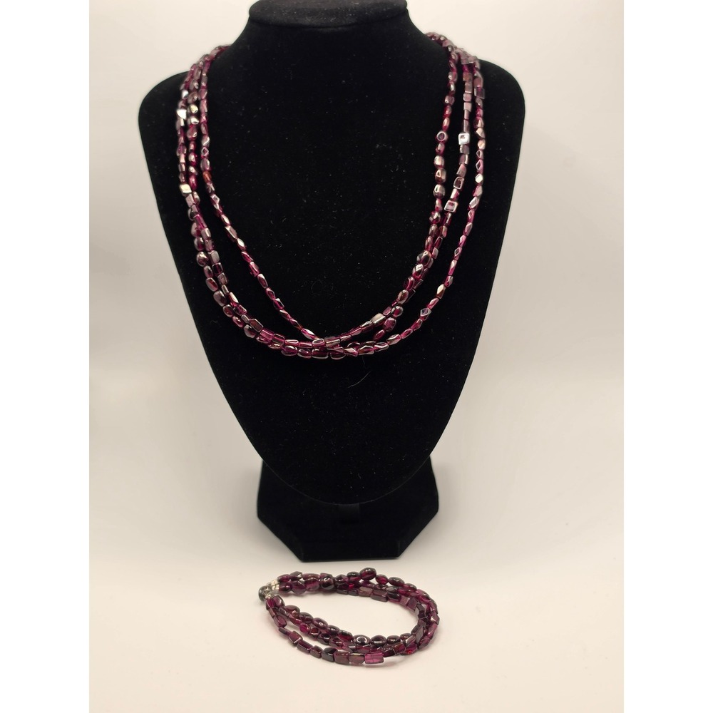 Genuine Garnet Bead Triple Strand Necklace and Bracelet Set Deep Red Burgundy